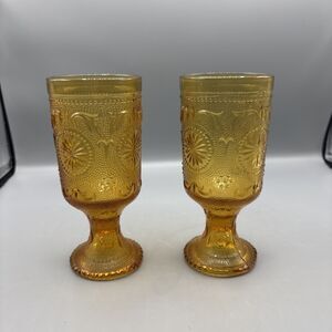 Vintage Brockway Starburst Amber Goblets Set of 2 American Concord